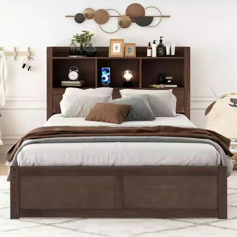 Plattformbett in voller Größe mit Stauraum, Ausziehbett, Kopfteil mit Bücherregal und Ladestation, Bettgestell aus Holz in voller Größe mit Regalen und Schubladen