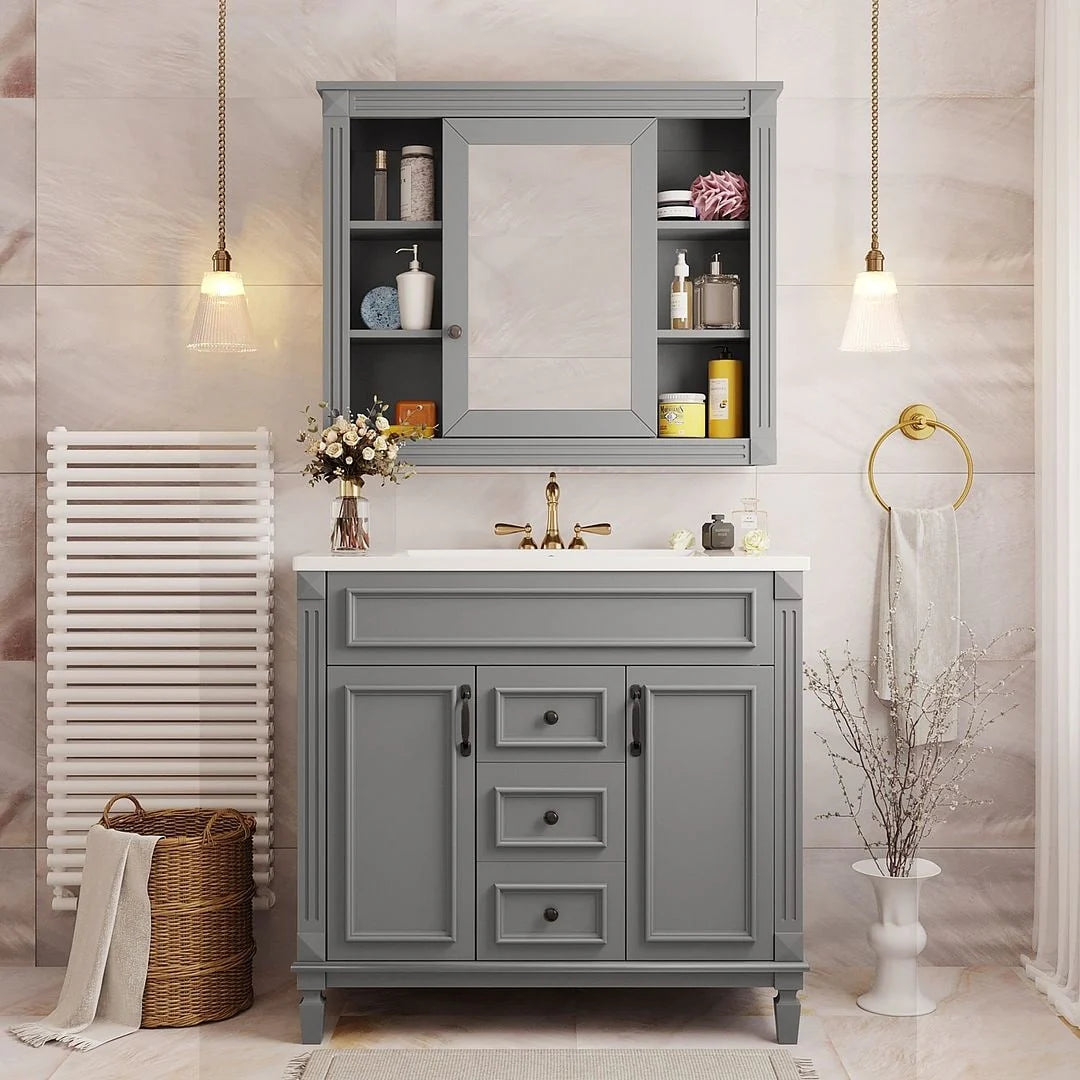 Moderner 36'' Badschrank mit Aufsatzwaschbecken und Spiegelschrank, 2 Türen und 2 Schubladen