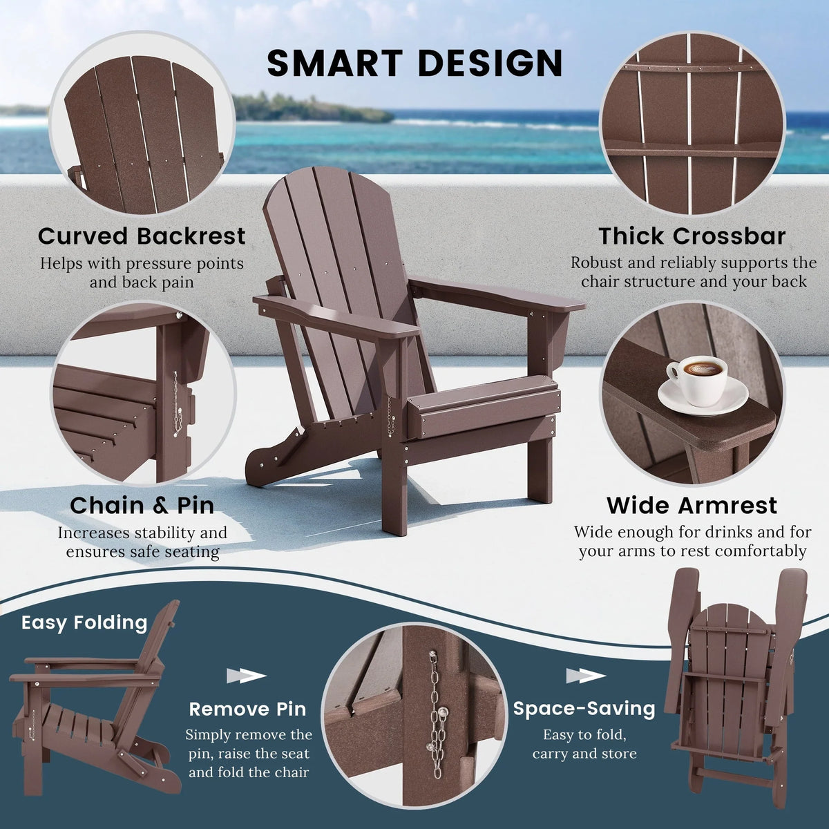 Polytrends Laguna Faltbarer Adirondack-Stuhl für den Außenbereich, wetterfest und lichtbeständig