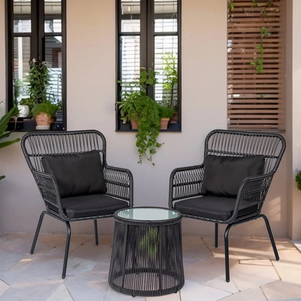 3-teiliges Outdoor-Bistro-Set aus Korbstühlen, witterungsbeständige Rattanmöbel-Sitzgruppe mit Kissen