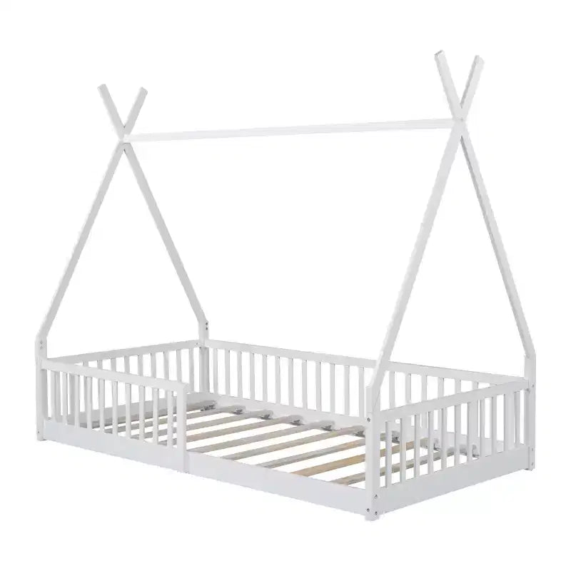 Bodenbett für Kinder, Zeltbetten in Doppelbettgröße, Montessori-Bodenbett mit Lattenrost und Zaungeländer, Holz-Hausbettgestell für Jungen und Mädchen