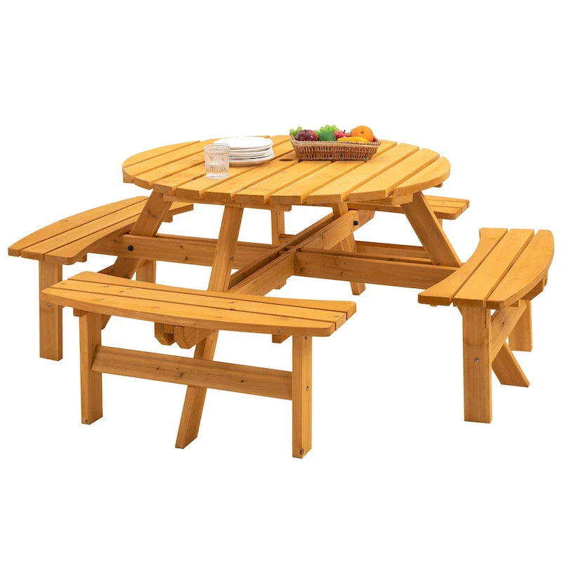 8-Personen Outdoor-Picknick-Esstisch-Garnitur aus Tannenholz, rund, mit 4 integrierten Bänken und Sonnenschirmloch