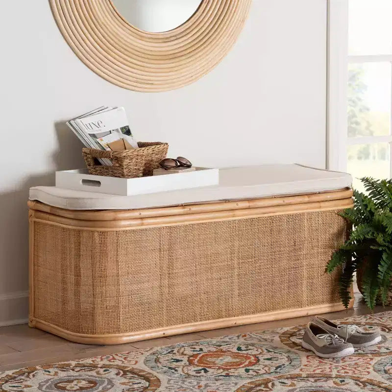 bali & pari Ishana Natur Rattan-Aufbewahrungsbank Natur/Weiß: Bezug Polyester, Rahmen aus Sperrholz, kein Aufbau erforderlich