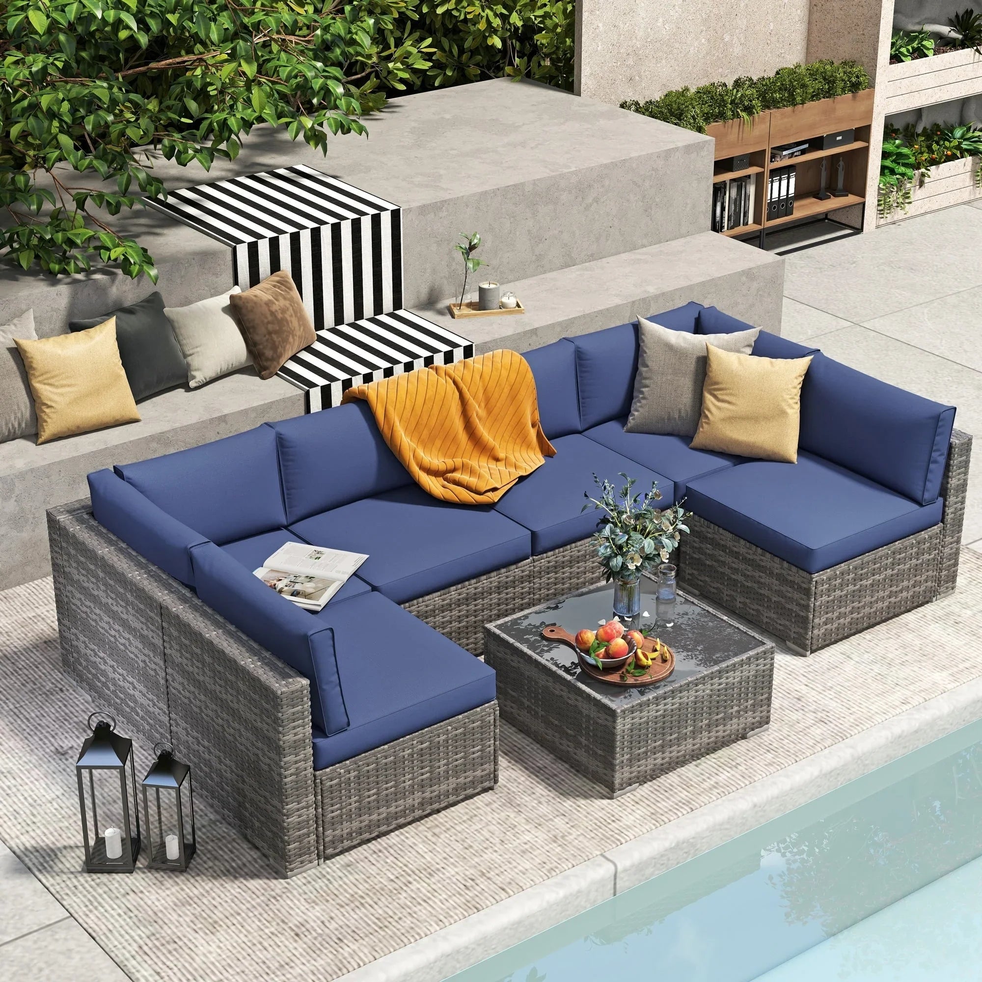 7-teiliges Outdoor-Sofa-Set aus Korbweide/Stahl mit Polstern