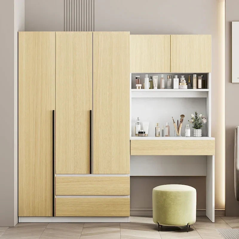 3-in-1 Kleiderschrank mit Schminktisch, Schreibtisch-Set, Schlafzimmer-Schrank mit 2 Schubladen, 3-türiger Aufbewahrungsschrank mit Schreibtisch