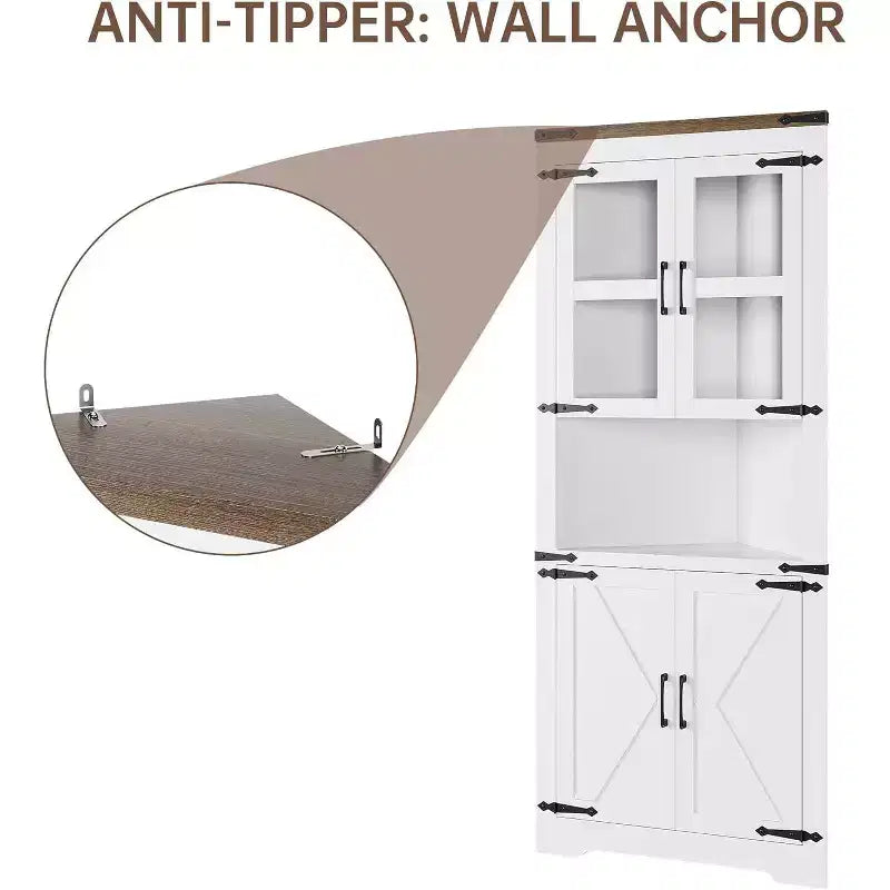 69" Hoher Eckschrank, Bauernhaus-Eckschrank, platzsparender Stauraum, Glastür, verstellbare Einlegeböden, für Wohnzimmer, Küche