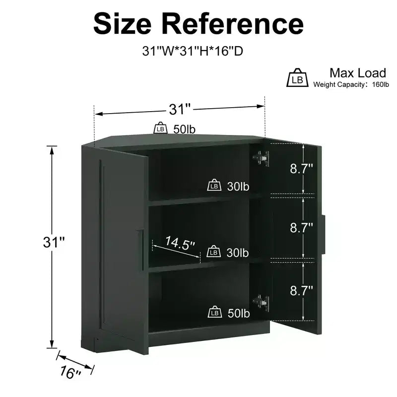 Dovelina Eckschrank mit verstellbaren Einlegeböden, Anrichte, Buffet, Weinschrank, Küchen- und Esszimmerschrank mit Holztüren – 31H x 31W, 36H x 31W