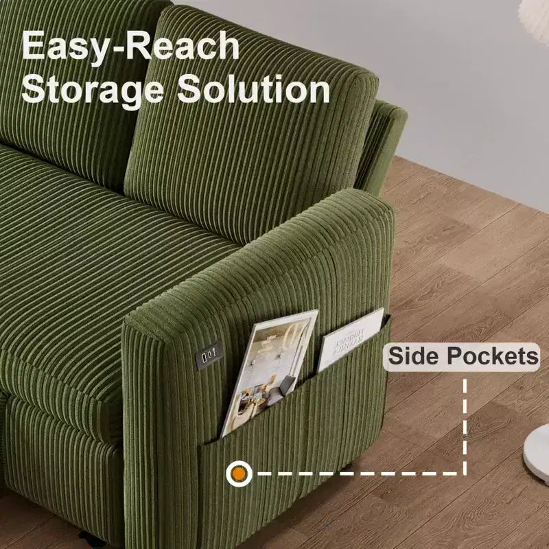 Dyonery 2-in-1 Schlafsofa ausziehbar mit Stauraum-Recamiere, Cord-Ecksofa mit USB-Anschlüssen für das Wohnzimmer