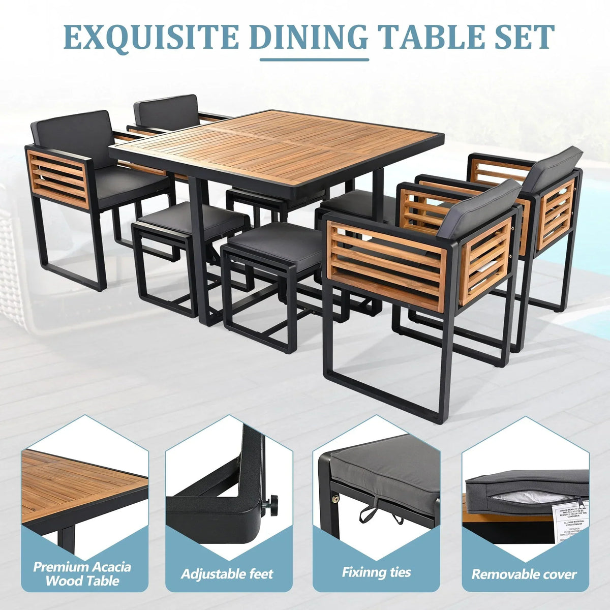 18-teiliges Terrassen-Essgruppen-Set aus Akazienholz, 8 gepolsterte Stühle & 8 Hocker & 2 quadratische Tische