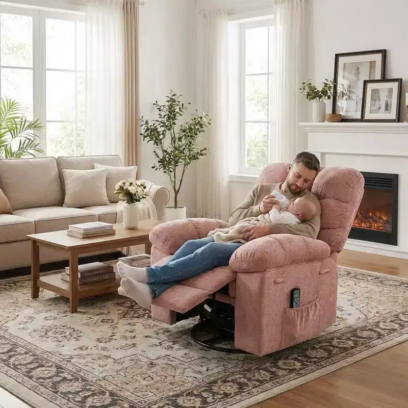 Massage-Liegesessel mit Heizfunktion – 360° drehbarer Schaukelstuhl, überdimensioniertes Einzelsitzer-Sofa mit Vibration, USB-Anschluss und Aufbewahrungstaschen für Wohnzimmer/Schlafzimmer