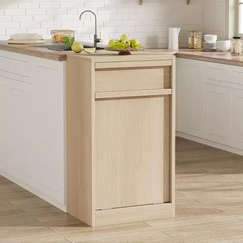 Kippbarer Mülleimer, natürliche Eiche, Mülleimer mit Stauraum und Schublade, versteckter Müllschrank, Wäschekorb für Küche, Esszimmer, Wohnzimmer