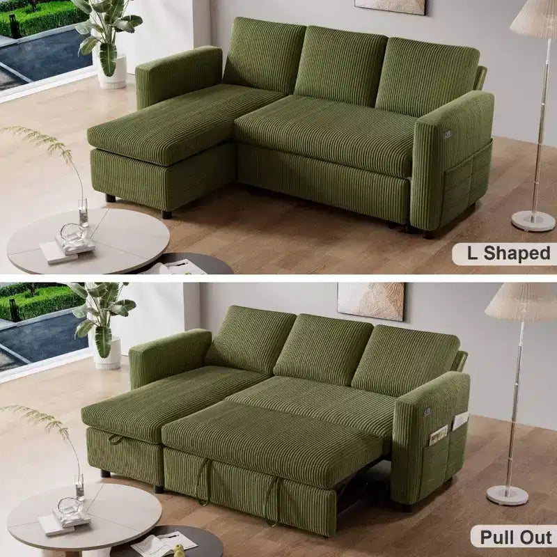 Dyonery 2-in-1 Schlafsofa ausziehbar mit Stauraum-Recamiere, Cord-Ecksofa mit USB-Anschlüssen für das Wohnzimmer