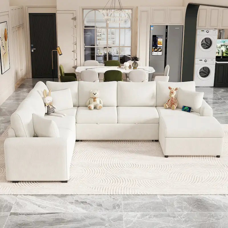 Chenille Ecksofa mit Ausziehfunktion, L-förmiges Schlafsofa mit Stauraum-Ottomane, 3 Kissen und Ladevorrichtungen
