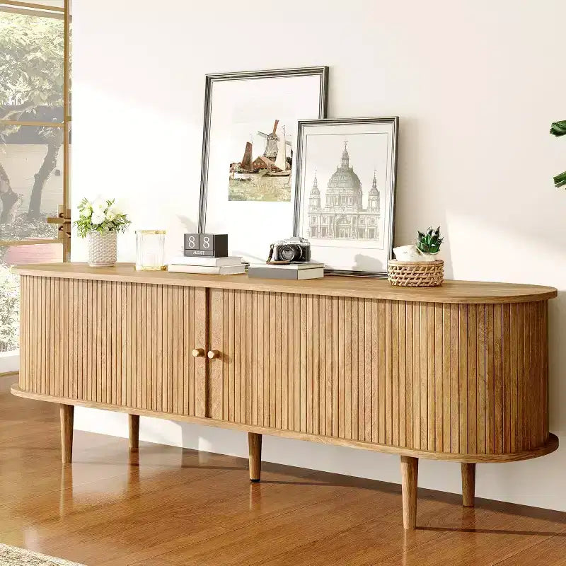 AMERLIFE 70 TV-Schrank mit Massivholzbeinen, Mid-Century Modern TV-Konsole mit Rolltür