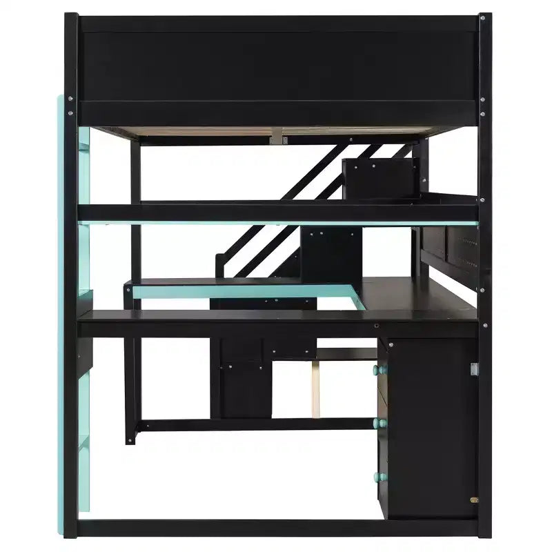 GDFStudio Scott hölzernes Gaming-Hochbett mit Stauraumtreppe, Schreibtisch, Regalen und Lochwand