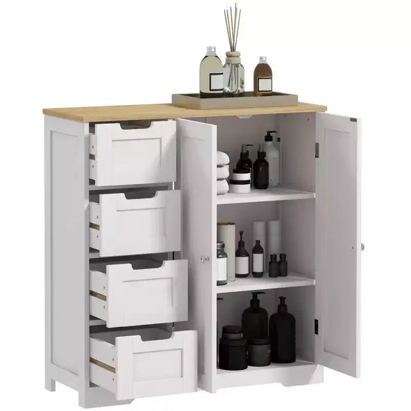 HOMCOM Badschrank mit verstellbarem Regal, freistehender Badezimmer-Aufbewahrungsschrank mit 4 Schubladen und 2 Türen, Weiß