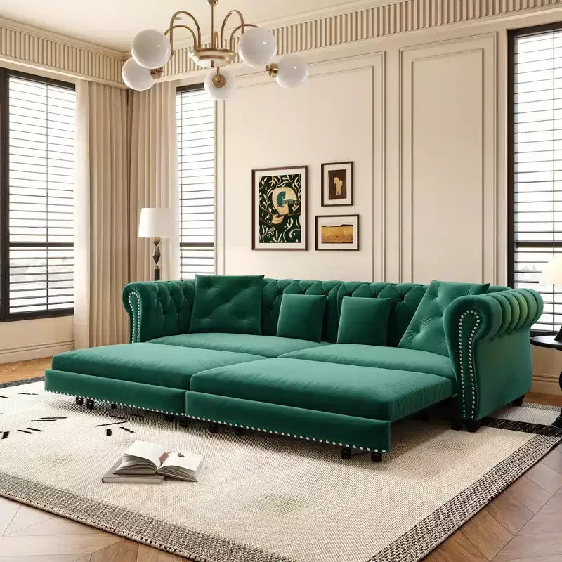 Whisen Velvet 3-in-1 Schlafsofa und wandelbares Schlafsofa im Kingsize-Format mit ausziehbarem Ottomane, getuftetem Design