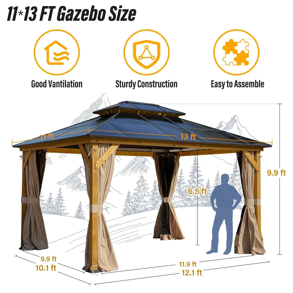 EROMMY Hardtop-Pavillon, Outdoor-Pergola mit Doppeldach & Netzen & Vorhängen, Hochleistungs-Canopy für Terrasse, Garten, Poolparty