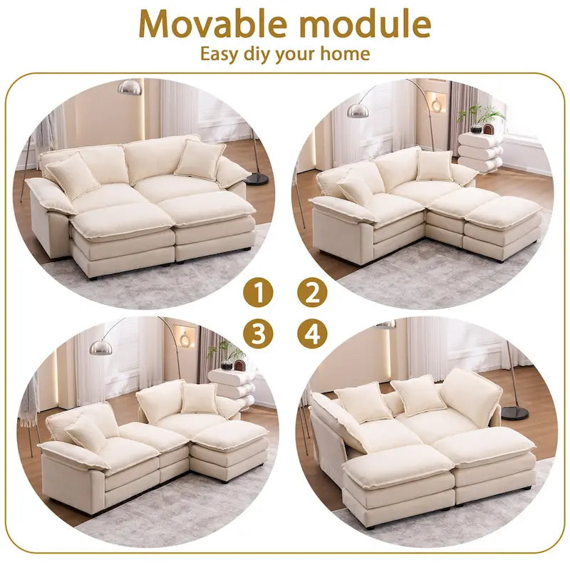 2-Sitzer-Sofa mit 2 Kissen, 2 Polstern und 2 Hockern, bequemes Sofa – Tiefes Wohnzimmersofa, Modulsofa