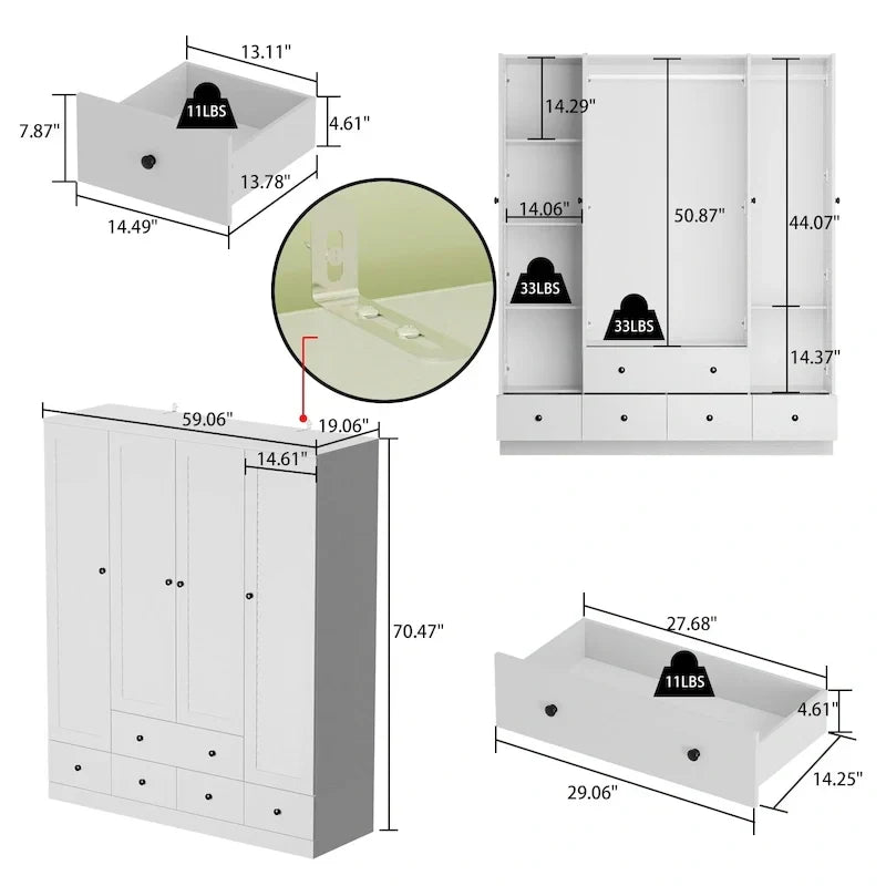 Kleiderschrank Hochschrank Schrank 59B Großer Freistehender Kleiderschrank Weiß