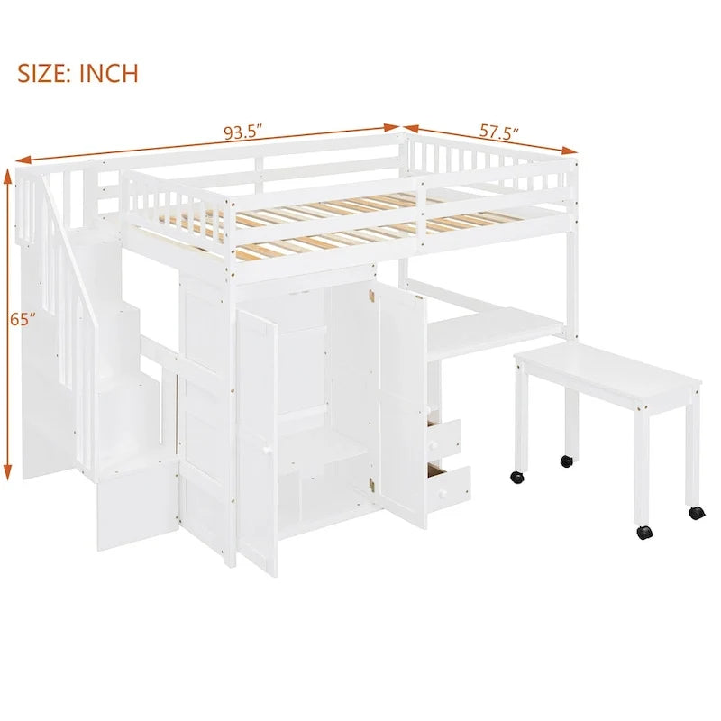 Doppelbett-Hochbett mit Treppe, Bücherregal, Schreibtisch und Kleiderschrank – platzsparendes Multifunktionsmöbel für Kinder & Jugendliche – Weiß