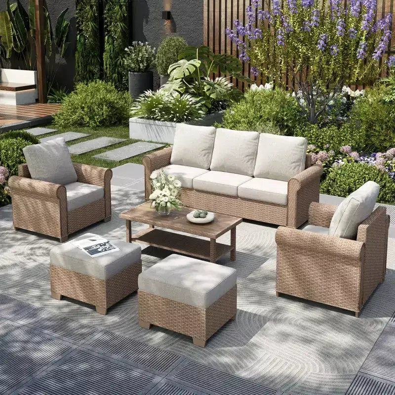 Captiva Designs 6-teiliges Luxus-Rattan-Sofa-Set für den Außenbereich mit geschwungenen Armlehnen und Kissen