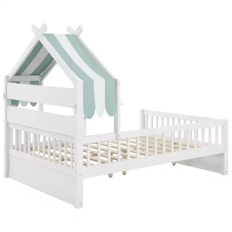 ModernLuxe Hausbett aus Holz für Zwillinge/Standardgröße mit Stauraum-Kopfteil, Kinderbettgestell aus massivem Kiefernholz mit Rausfallschutz