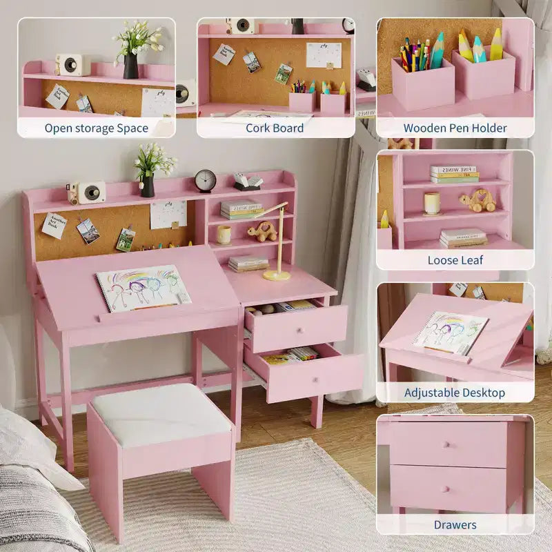 Kinder Schreibtisch und Stuhl Set, Holz Lerntisch mit verstellbarer Neigungsplatte, Schubladen & Korktafel - Schul-Lernschreibtisch Set für Kinder