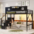 ModernLuxe Hochbett für Full/Queen-Betten mit Treppe und integriertem Kleiderschrank, Metallbettgestell mit LED-Beleuchtung, USB-Ladestation und Ablagefächern