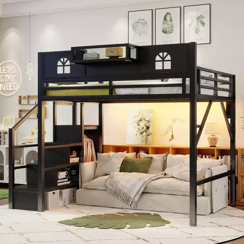 ModernLuxe Hochbett für Full/Queen-Betten mit Treppe und integriertem Kleiderschrank, Metallbettgestell mit LED-Beleuchtung, USB-Ladestation und Ablagefächern