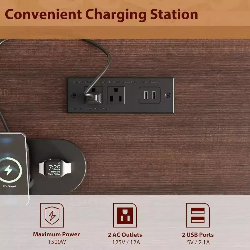 60 Executive Schreibtisch mit Schubladen, Home Office Schreibtisch mit Ladestation, Computer-Schreibtisch aus Holz für Arbeitszimmer, Konferenztisch für Wohnzimmer
