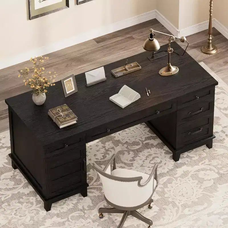 60 Executive Schreibtisch mit Schubladen, Home Office Schreibtisch mit Ladestation, Computer-Schreibtisch aus Holz für Arbeitszimmer, Konferenztisch für Wohnzimmer