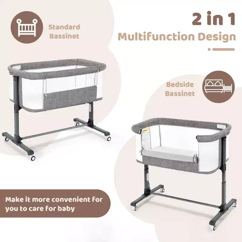 Baby-Beistellbett mit Rollen – Beige / Grau / Rosa, Bettschläfer, für 1 Baby