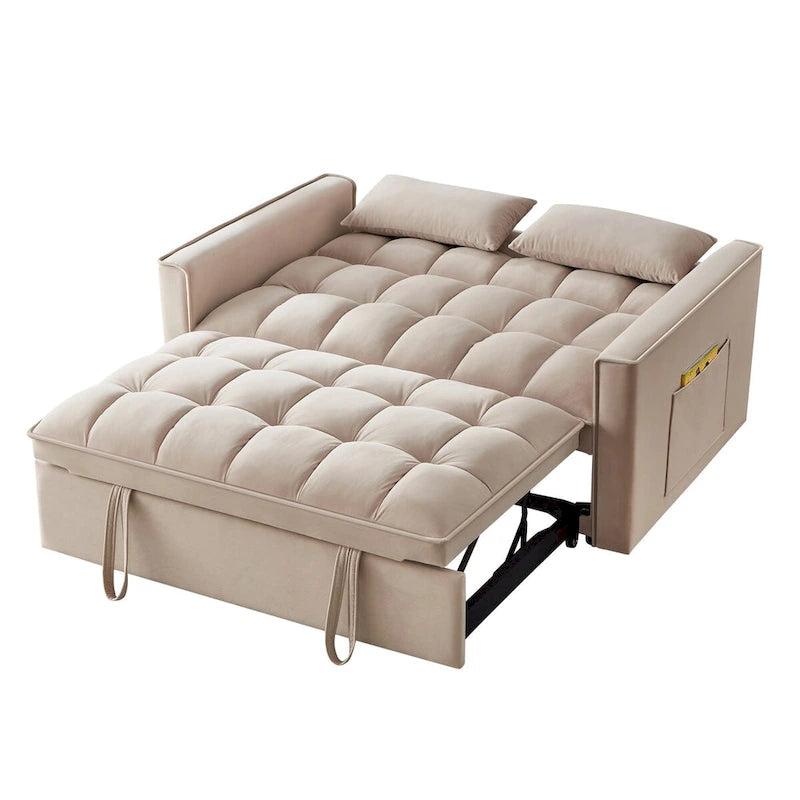 4-in-1 Loveseat Schlafsofa mit Armlehnen & Aufbewahrungstaschen, Multifunktionales getuftetes Ausziehsofa mit verstellbarer Rückenlehne