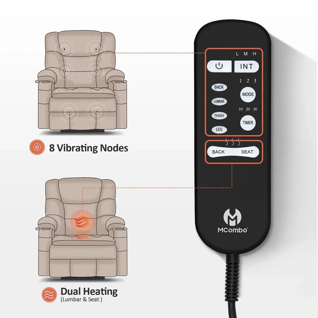 MCombo Großer, breiter Power-Lift-Liegesessel mit zwei Motoren, Massage und dualer Heizung für große und korpulente Senioren, Stoff R7635