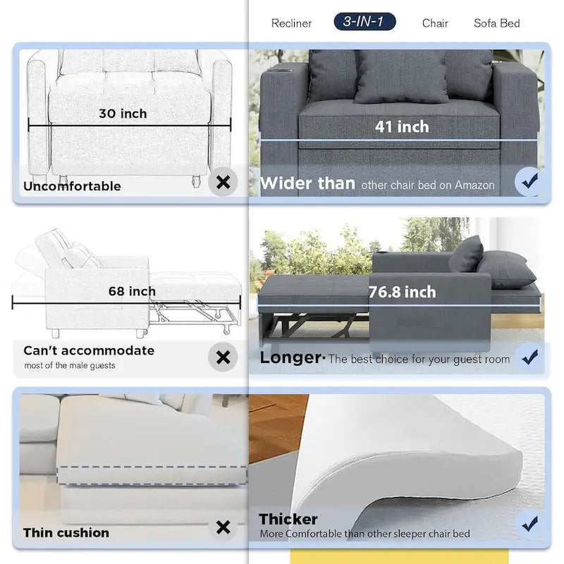 Verstellbares Schlafsofa, 3-in-1-Funktion, verschiedene Farben, für 1 Person