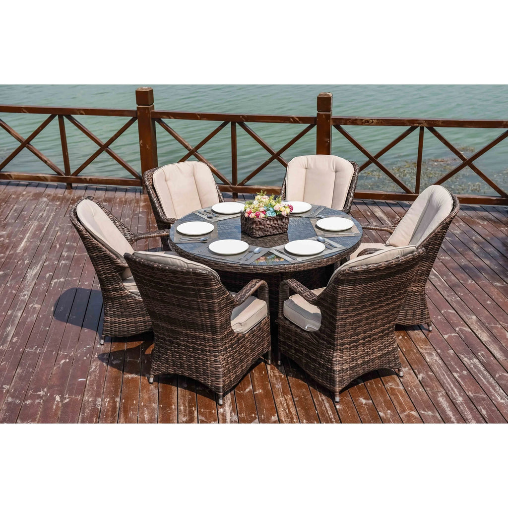 7-teiliges Garten-Essgruppe aus Rattan mit runden Kissen von Moda Furnishings