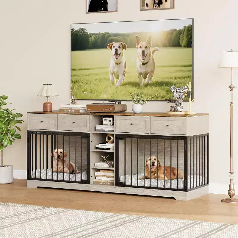 82" Doppel-Hundebox Möbel, großer Hundezwinger für 2 Hunde, robuster TV-Ständer aus Holz mit 4 Schubladen und Regalen