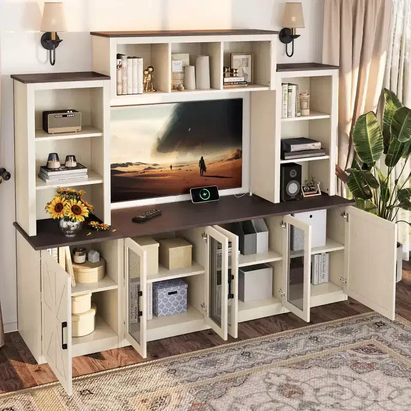 Moderner TV-Ständer für 55-Zoll-Fernseher mit Ladestation, Medienkonsole mit großen Aufbewahrungsschränken, Entertainment-Center für das Wohnzimmer-Panipeachy