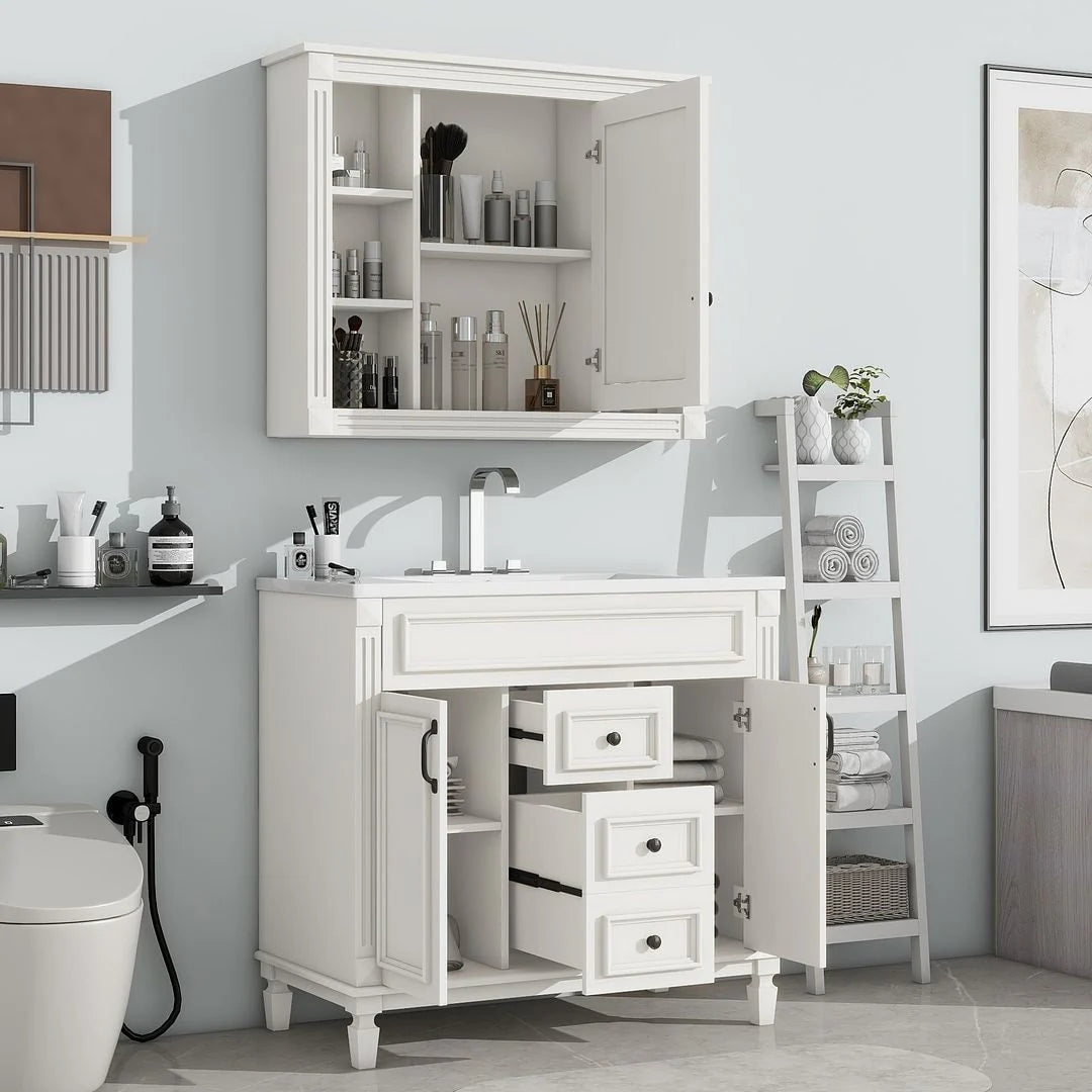 Moderner 36'' Badschrank mit Aufsatzwaschbecken und Spiegelschrank, 2 Türen und 2 Schubladen