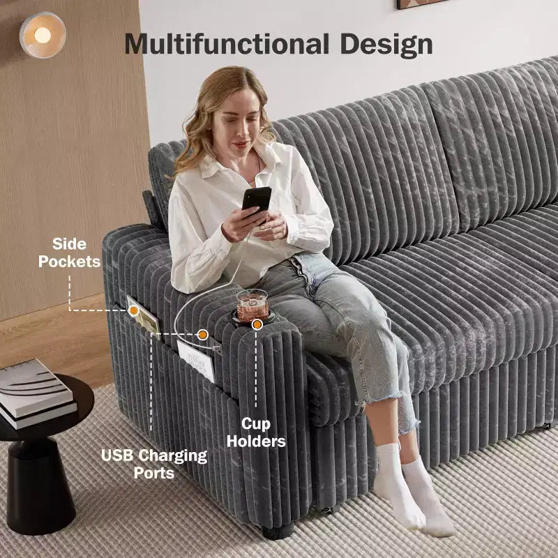 Dyonery 91 Sektional Schlafsofa mit Ausziehbett, verstellbarer Rückenlehne/zwei Ausziehbetten/USB-Anschlüssen/Getränkehaltern, Plüsch-Kordbezug