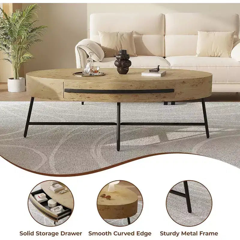 Acekool Ovaler Couchtisch mit Schublade, 120 cm Holz-Ablagetisch mit gekreuzten Metallbeinen, Mid-Century Modern Beistelltisch in Natur & Golden Willow