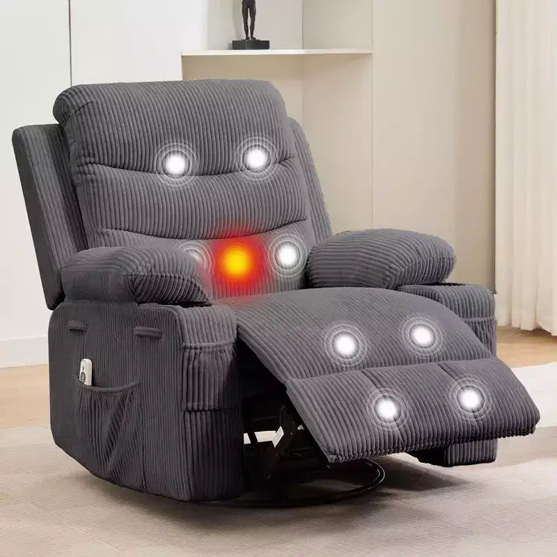 Übergroßer 360°-Dreh- und Schaukelsessel mit Massage und Heizung – Ergonomischer Loungesessel mit Getränkehaltern, Seitentaschen für Wohnzimmer, Kinderzimmer