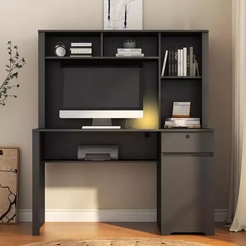 51.18 Zoll moderner Computertisch mit Aufsatz und Bücherregal, Schreibtisch mit viel Stauraum, Schreibtisch für Arbeitszimmer, Lesezimmer