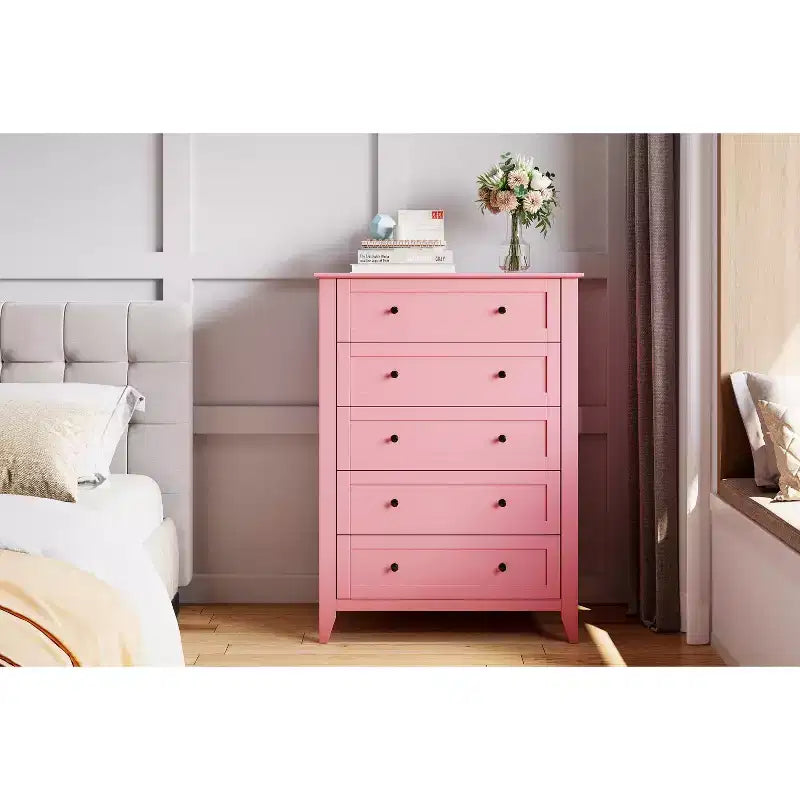 5-Schubladen-Kommode, 108 cm hoch, für das Schlafzimmer, Holzschrank mit 30 cm tiefen Schubladen und goldenen Metallgriffen, ideal für den Eingangsbereich oder Flur