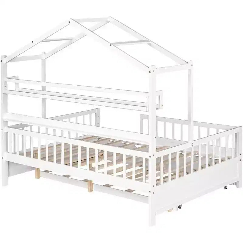 Acekool Hausbett in voller Größe mit ausziehbarem Doppelbett, Schubladen und Regalen, Dach und Zaun, Kinderplattformbett, Weiß