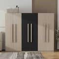 83W 6-türiger Kleiderschrank Garderobenschrank Aufbewahrungsschrank mit 2 Schubladen, Kleiderstangen und Ablageflächen, Schwarz+Natur-ModernLuxe