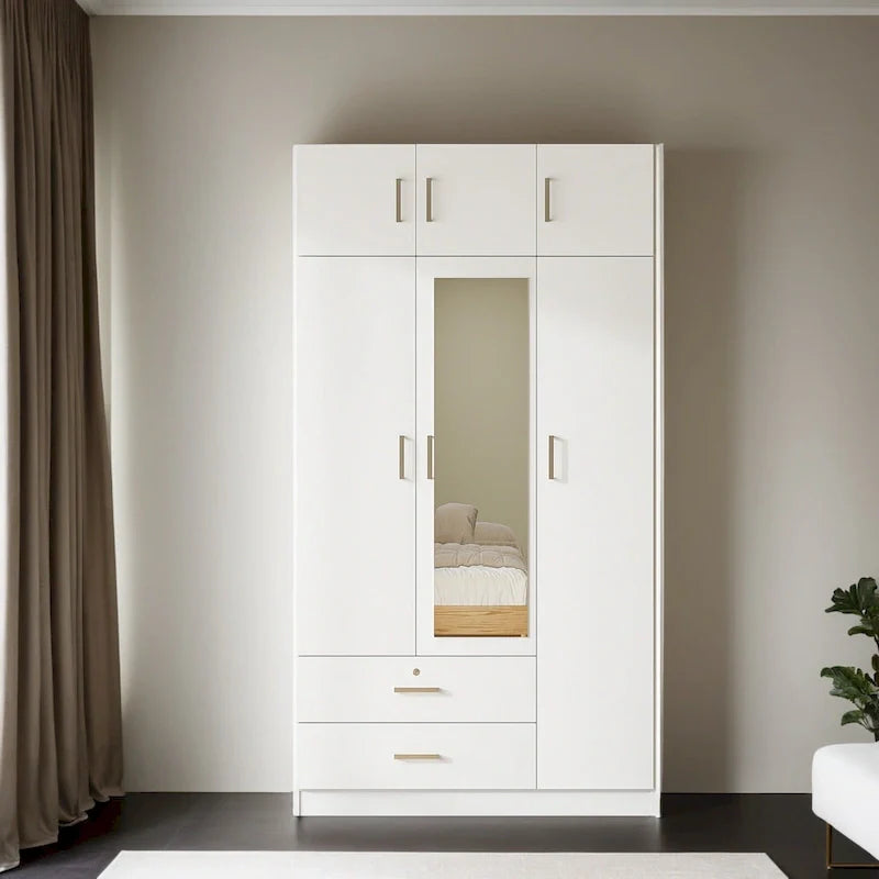 3-türiger Spiegelkleiderschrank mit 2 Schubladen und Aufsatzschrank