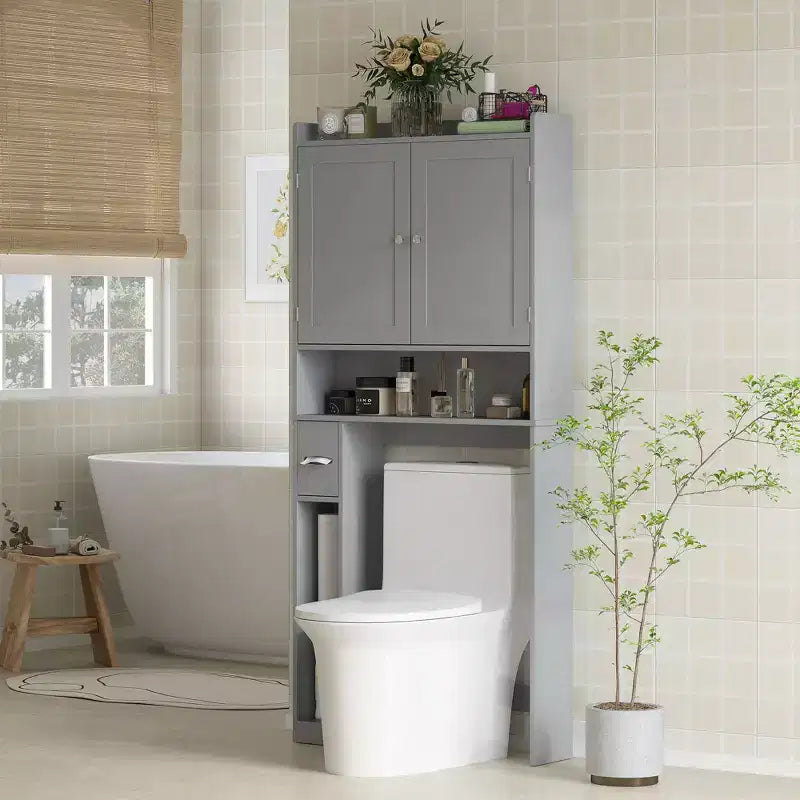 HOMCOM Überbau für die Toilette, moderner Badezimmer-Organizer mit 2 Türen, Toilettenpapierhalter, freistehendes Platzsparwunder