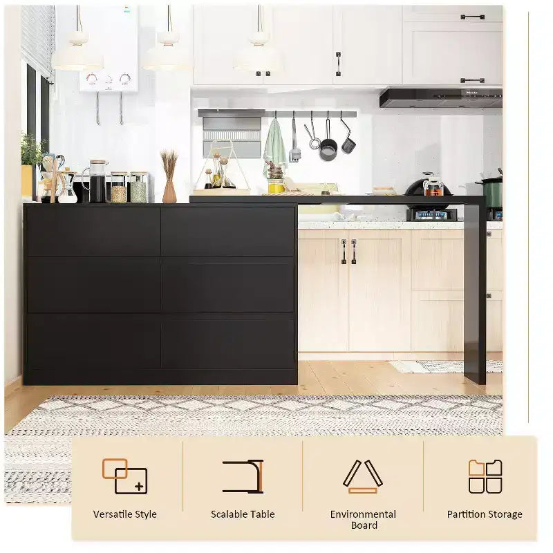 Intelligentes, drehbares/ausziehbares Buffet-Sideboard mit 6 Schubladen, erweiterter Arbeitsplatte, rutschfester Matte, drehbarem Esstisch, Kücheninsel-Vorratskammer